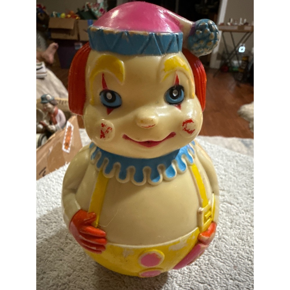 Vintage The First Years Roly Poly Clown Wobble Toy Yellow Red Blue 6 Inch